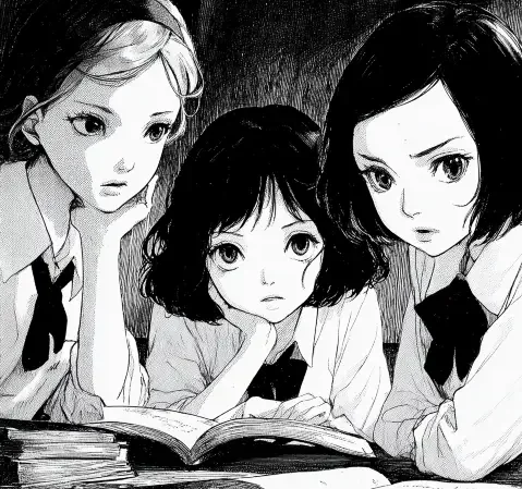 工口漫画阅读场景，读者在屏幕前翻阅漫画目录